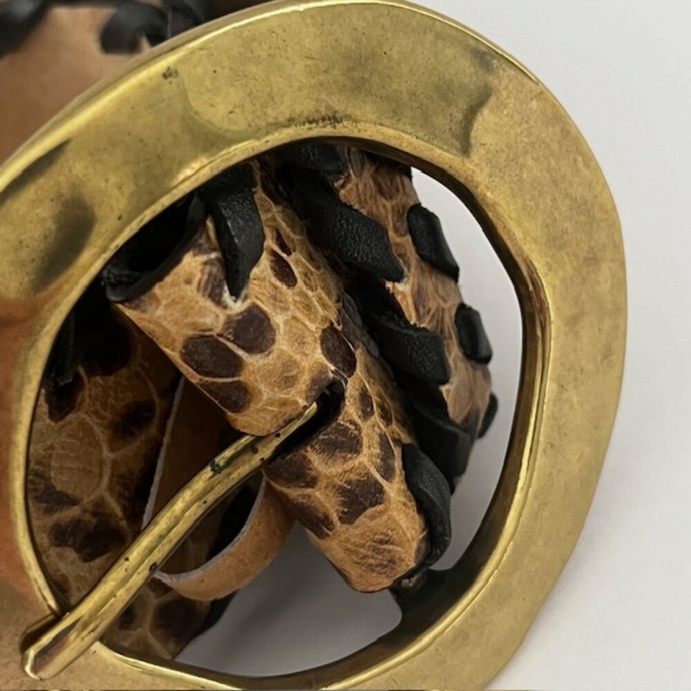 Leather Belt Snakeskin Print Tan Brown Black Gold Tone Buckle Size Large - Picture 4 of 6